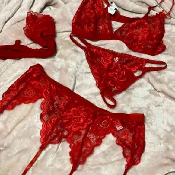 NWT Red Garter Fishnet Stockings Lingerie Set - Picture 4 of 5